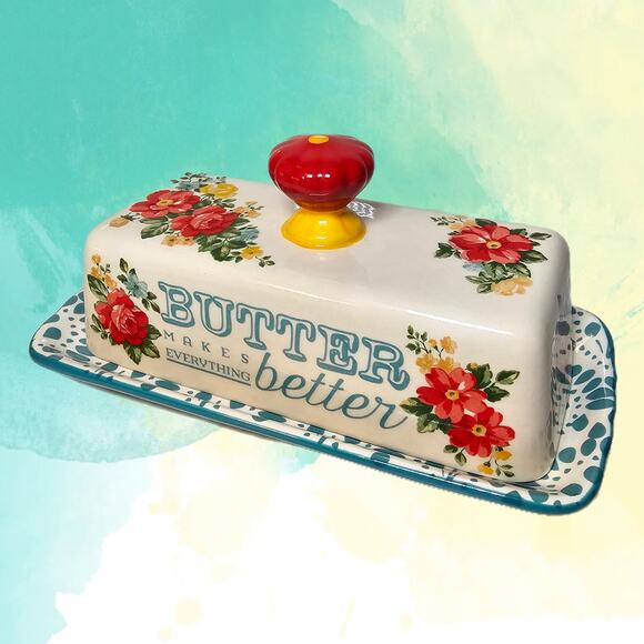 Pioneer Woman Ceramic Sweet Rose Floral Covered Butter Dish with Handle and Base - Picture 3 of 7
